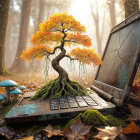 Old Laptop Entwined with Tree Roots in Forest Setting