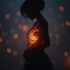 Ethereal Woman in Glowing Red-Gold Gown with Bokeh Lights