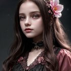 Young girl in dark dress with floral accents and flower