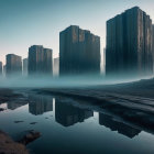 Desolate Landscape with Monolithic Structures and Mist