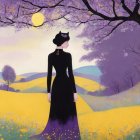 Serene landscape with woman in black dress and cat