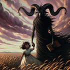 Dark Figure with Horns and Girl in Eerie Landscape