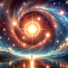 Person Reflects by Cosmic Vortex Under Starry Sky