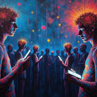 Young Men with Spiky Hair in Colorful Light Scene