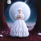 Ethereal Figure in Dreamlike Feathered Landscape