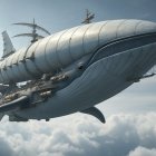 Whale-shaped airship floating among fluffy clouds
