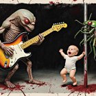 Surreal Scene with Creature Playing Guitar and Baby