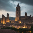 Medieval Village at Twilight with Stone Towers and Hills