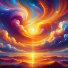 Surreal Sunset with Colorful Clouds and Calm Sea