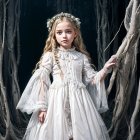 Young girl in white gown in mystical forest setting