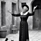 Vintage Photograph of Elderly Woman with Cats in Courtyard