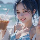 Vibrant Beach Scene with Young Woman and Ocean View