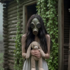 Misty Forest Scene with Vintage Gas Mask and Cabin