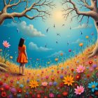Vibrant Landscape with Girl in Orange Dress and Flowers
