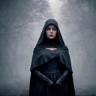 Mysterious Figure in Foggy Forest with Cloak