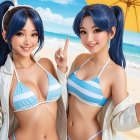Cheerful Young Women in Striped Bikinis at Beach