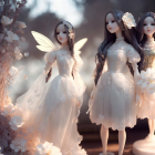 Three elegant fairy dolls with intricate dresses and delicate wings beside white roses in soft-lit setting