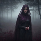 Young woman in dark veil in misty forest setting