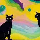 Black Cats Silhouetted in Abstract Pastel Landscape
