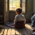 Child Gazing Out of Window in Sunlit Room
