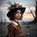 Young girl in vintage dress against dusk sky