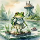 Whimsical Frog on Lily Pad in Enchanted Landscape