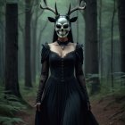 Mysterious Figure in Black Gown and Skull Mask in Forest