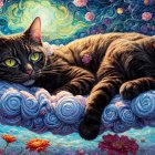 Black Cat on Cloud in Cosmic Floral Landscape