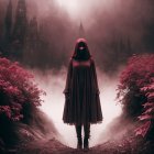 Mysterious Figure in Misty Forest with Crimson Plants