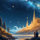 Golden castle under starry sky by a calm lake