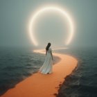 Lone Figure on Orange Path by Misty Sea with Halo