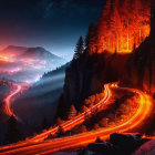 Winding Road in Mountainous Landscape with Mist and Lights