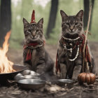 Regal Cats in a Mystical Forest Setting with Fire