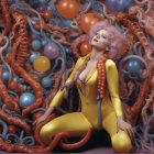 Model with Pink Hair in Yellow Bodysuit and Surreal Background