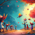 Whimsical Forest Scene with Colorful Trees and Creatures