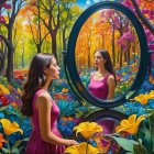 Young Woman in Pink Dress in Colorful Forest Scene