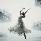 Ballerina in White Gown Against Futuristic Architecture