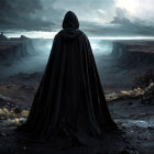 Cloaked Figure Overlooks Dramatic Canyon Landscape