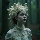 Young Woman in Ethereal Gown in Misty Forest