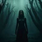 Eerie Forest Scene with Mysterious Figure and Mist