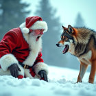Santa Claus Confronts a Wolf in a Snowy Landscape