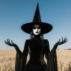 Mysterious Figure in Wheat Field with Witch's Hat