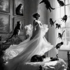 Whimsical Scene of a Woman and Floating Cats