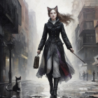 Woman in trench coat walks cat on misty street