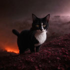 Black and White Cat on Crimson Landscape with Castles