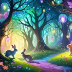 Enchanted Forest with Rabbits and Vibrant Flora