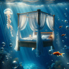 Underwater Scene with Floating Bed and Marine Life