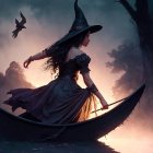 Twilight Lake Scene with Ethereal Woman and Broomstick