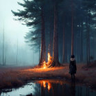 Misty Forest Scene with Burning Tree and Pond