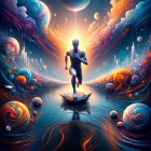 Surreal Landscape with Dynamic Figure in Cosmic Scene